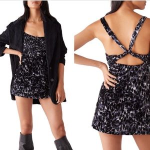 Free People Anthropologie Velvet Silver Animal Print Mini Dress Criss Cross Back